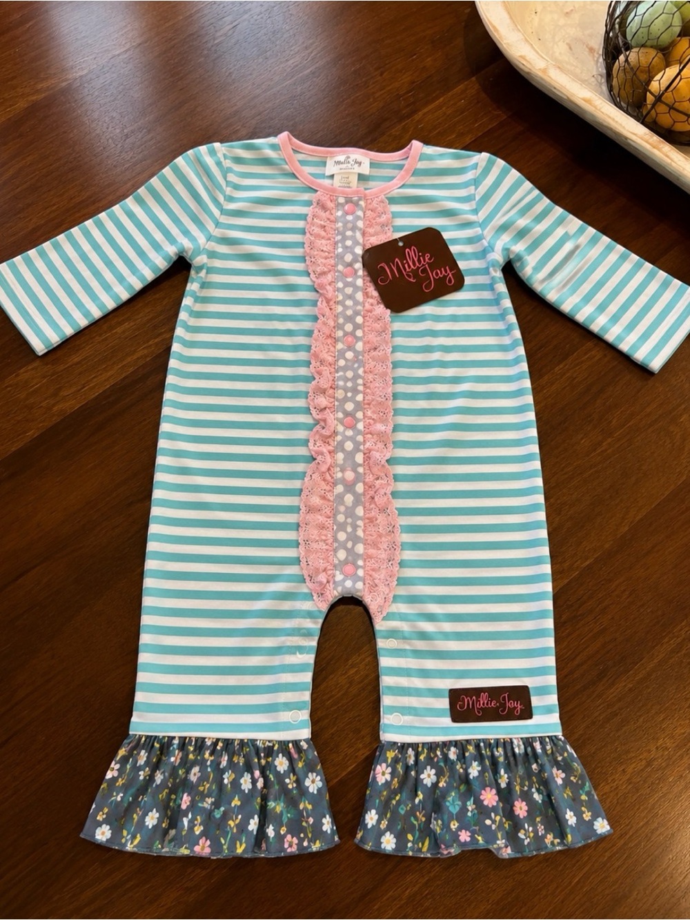 Millie Jay Turquoise & Pink Striped Ruffle Romper 24m/2t